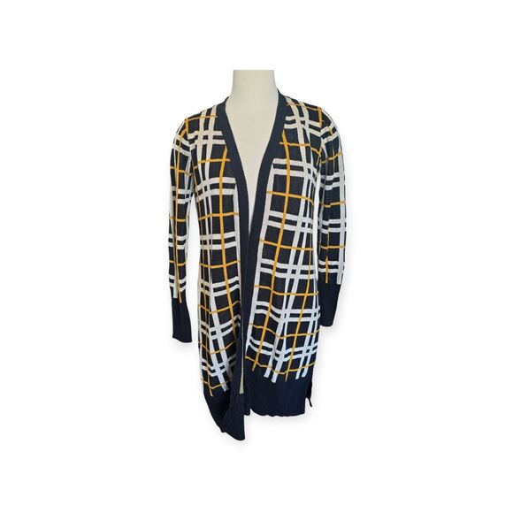 Belldini Cardigan Womens M Black Long Duster Geometric Striped Open Front - Picture 1 of 7